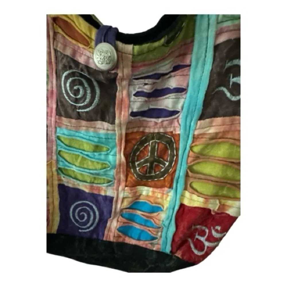 Distressed Hippie Satchel Unisex‎ Crossbody Bag Multicolor Peace Love Om Print